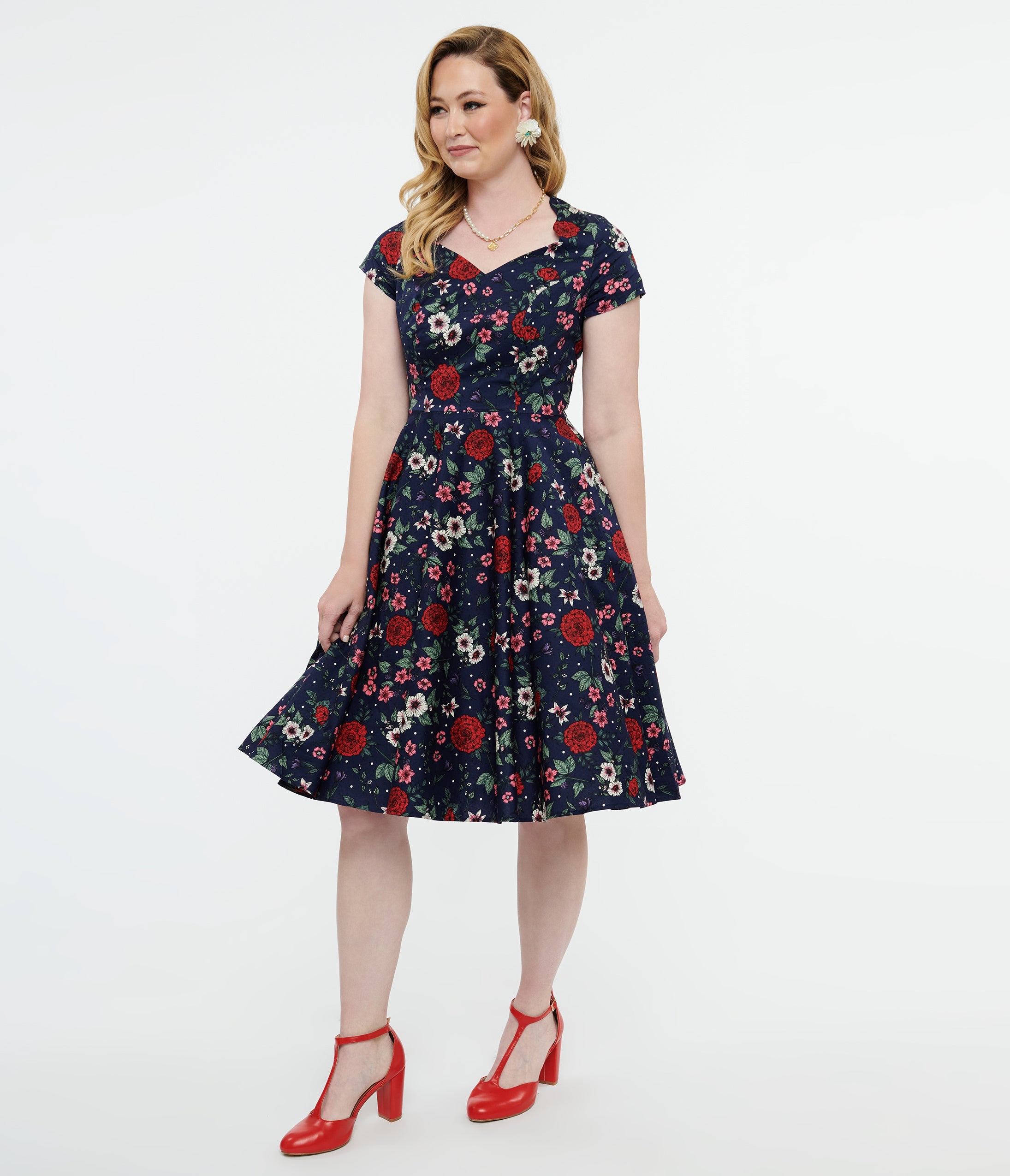 Hell Bunny 1950s Navy Blue & Red Floral Camellia Midi Dress – Unique ...