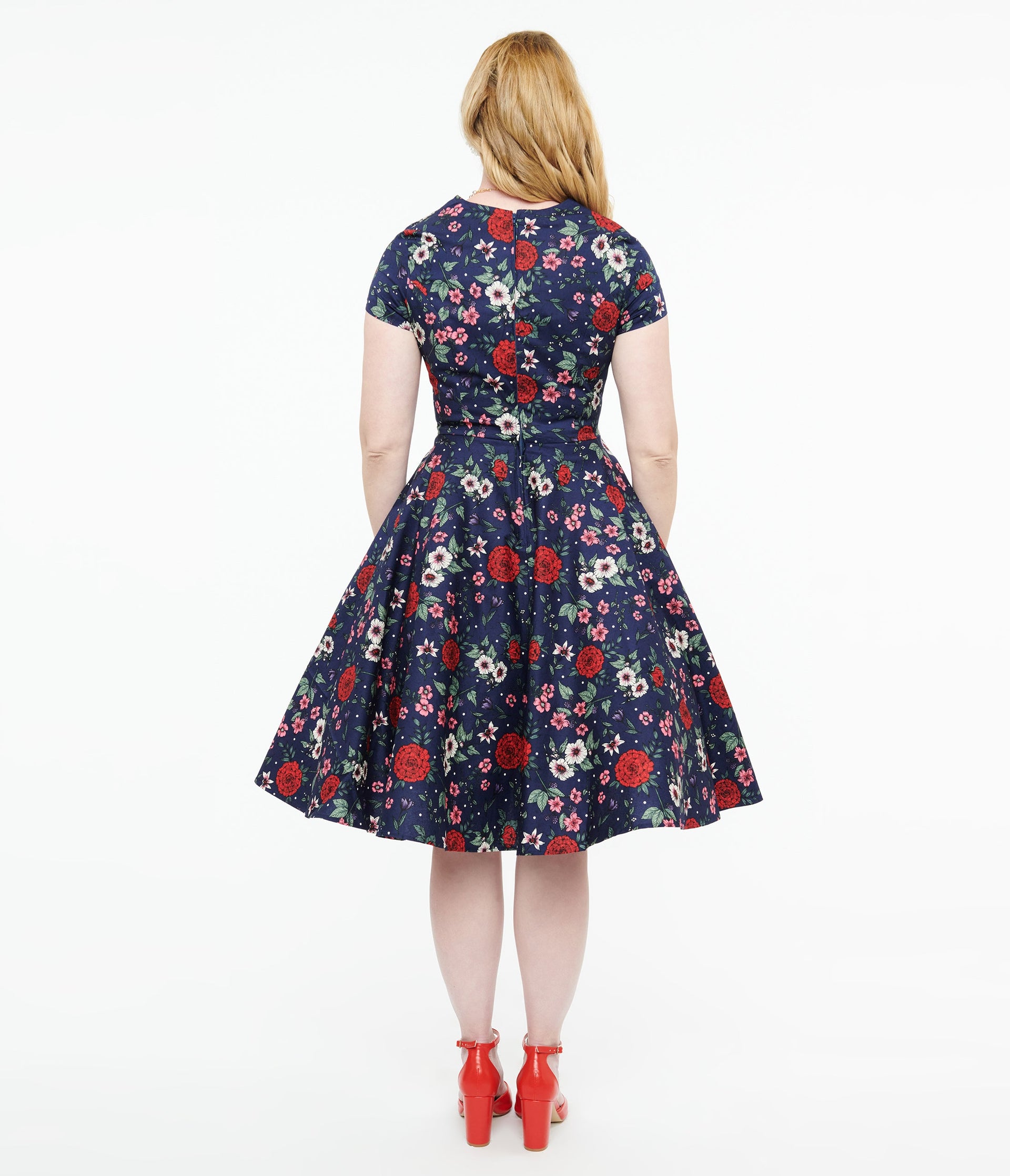 Hell Bunny 1950s Navy Blue & Red Floral Camellia Midi Dress - Unique Vintage - Womens, DRESSES, MIDI