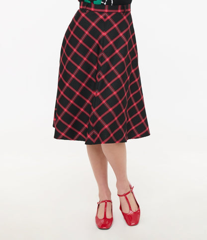 Hell Bunny 1950s Red & Black Tartan Janine Swing Skirt - Unique Vintage - Womens, BOTTOMS, SKIRTS