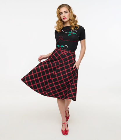 Hell Bunny 1950s Red & Black Tartan Janine Swing Skirt - Unique Vintage - Womens, BOTTOMS, SKIRTS