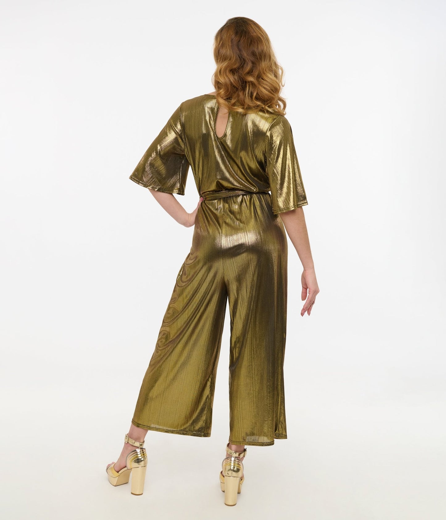 Hell Bunny 1970s Gold Lurex Jumpsuit - Unique Vintage - Womens, BOTTOMS, ROMPERS AND JUMPSUITS