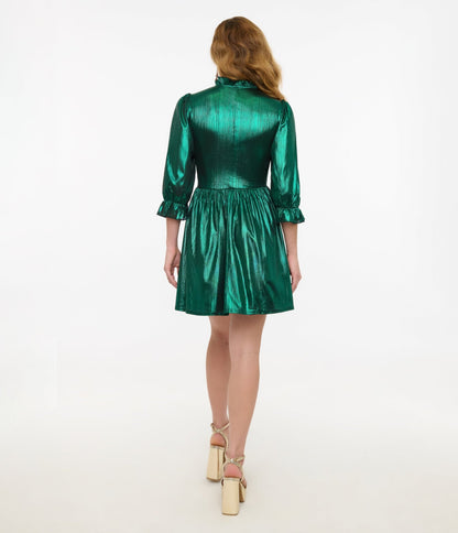 Hell Bunny 1970s Green Metallic Gigi Mini Dress - Unique Vintage - Womens, DRESSES, FIT AND FLARE