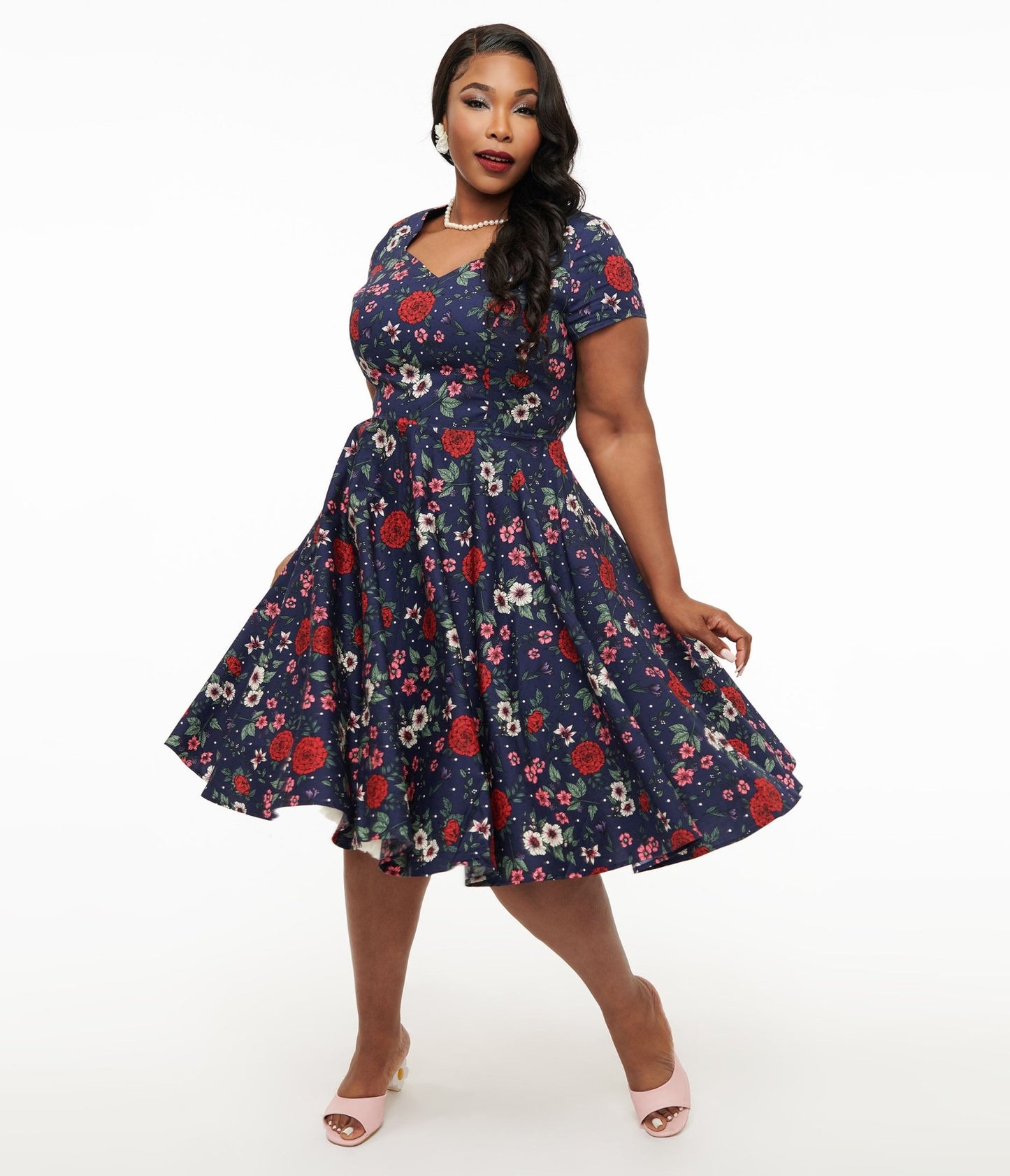 Hell Bunny Plus Size 1950s Navy Blue & Red Floral Camellia Midi Dress - Unique Vintage - Womens, DRESSES, MIDI