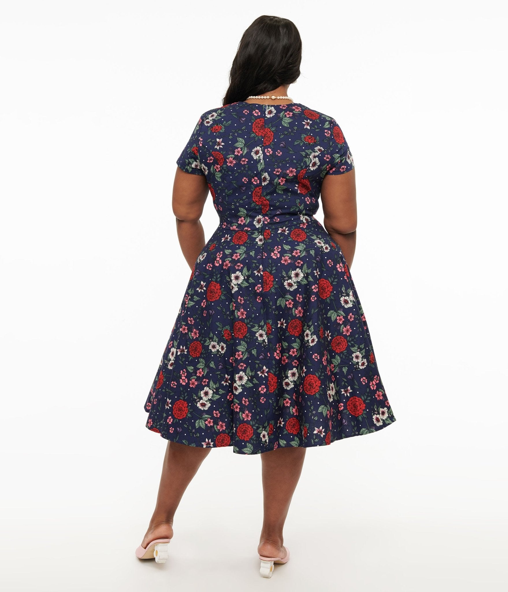 Hell Bunny Plus Size 1950s Navy Blue & Red Floral Camellia Midi Dress - Unique Vintage - Womens, DRESSES, MIDI