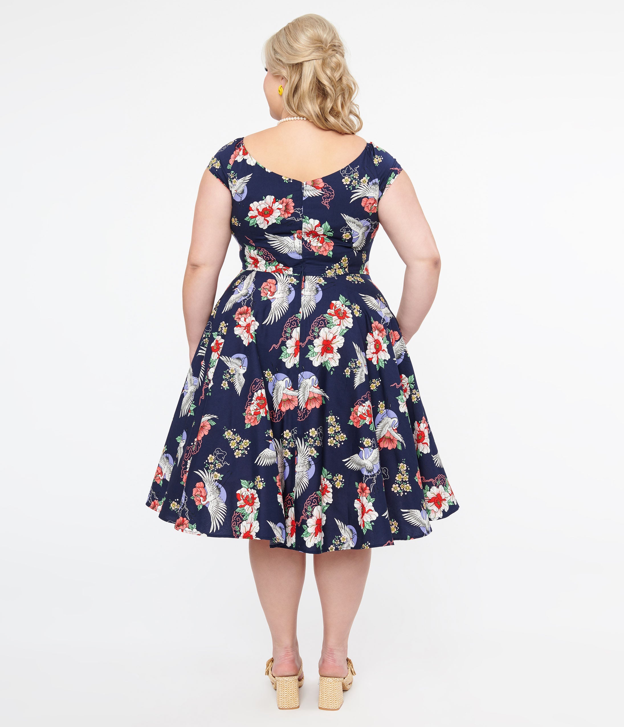 Hell Bunny Plus Size 1950s Navy Floral & Cranes Cotton Swing Dress