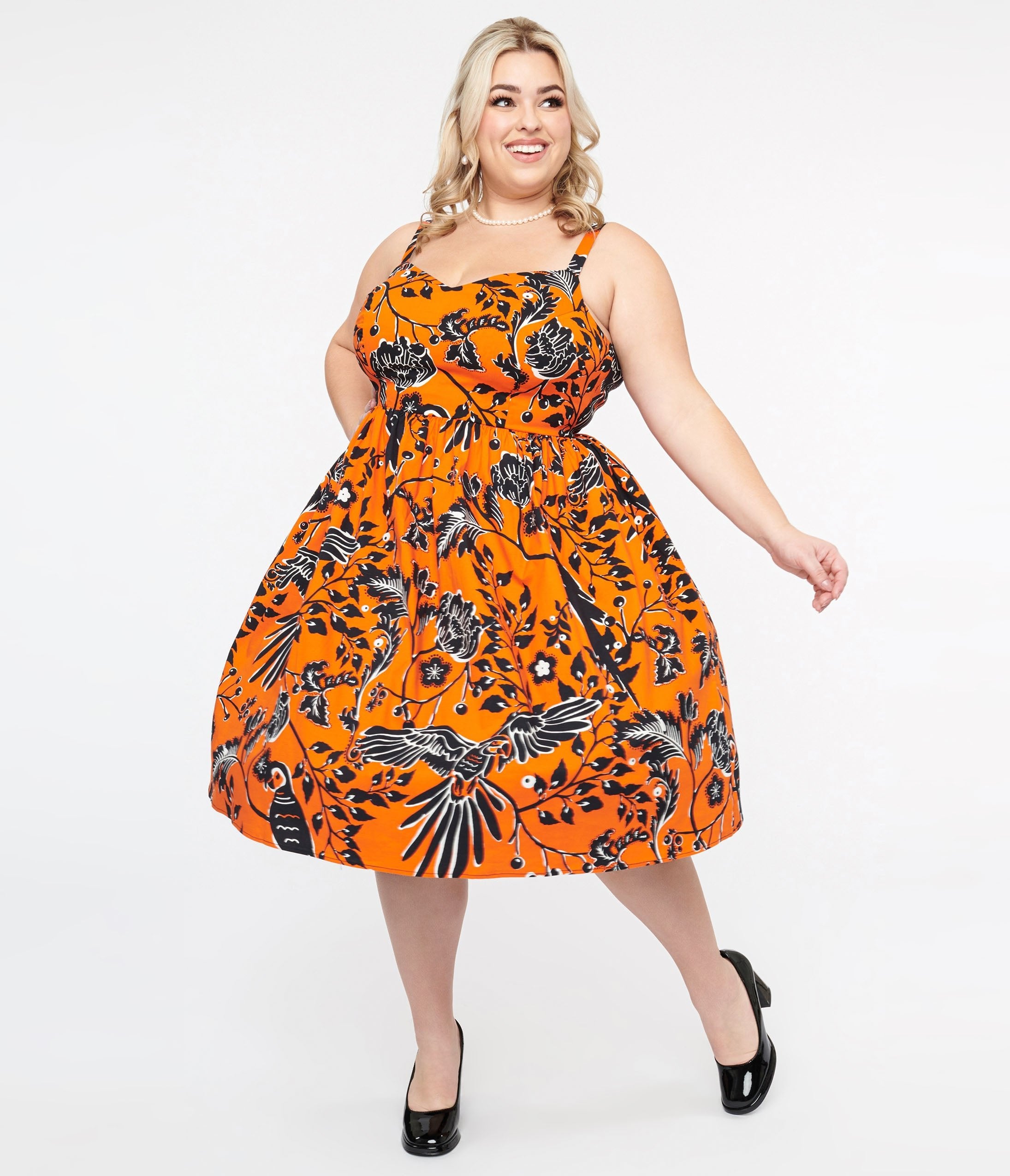 Hell Bunny Plus Size 1950s Orange Black Parrot Print Rio Swing Dress