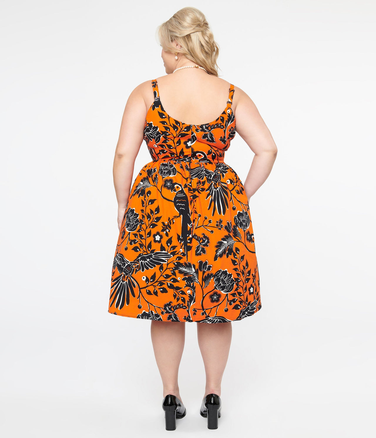 Hell Bunny Plus Size 1950s Orange And Black Parrot Print Rio Swing Dress Unique Vintage 7965