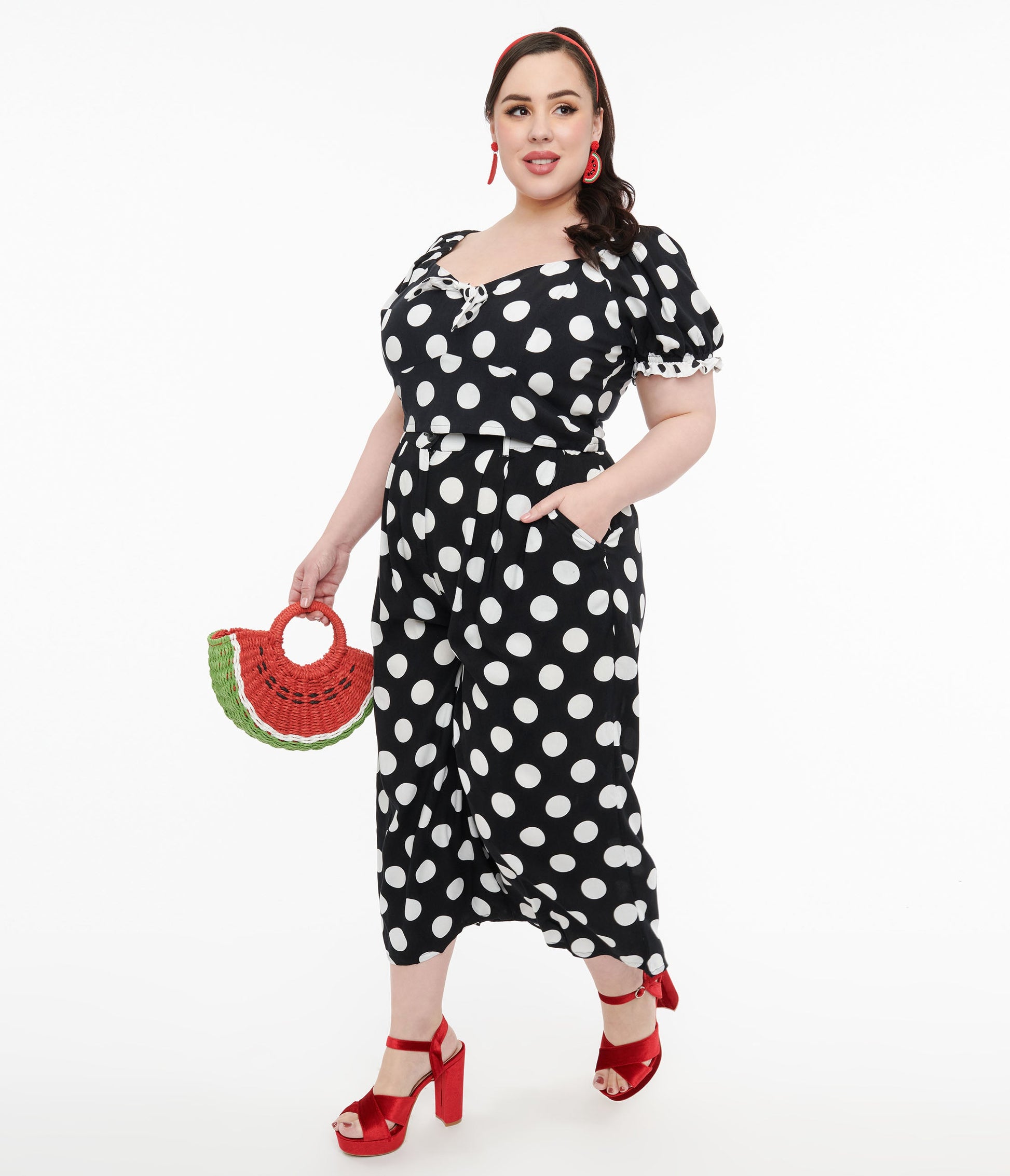 Hell Bunny Plus Size 1960s Black & White Polka Dot Cropped Trousers - Unique Vintage - Womens, BOTTOMS, PANTS