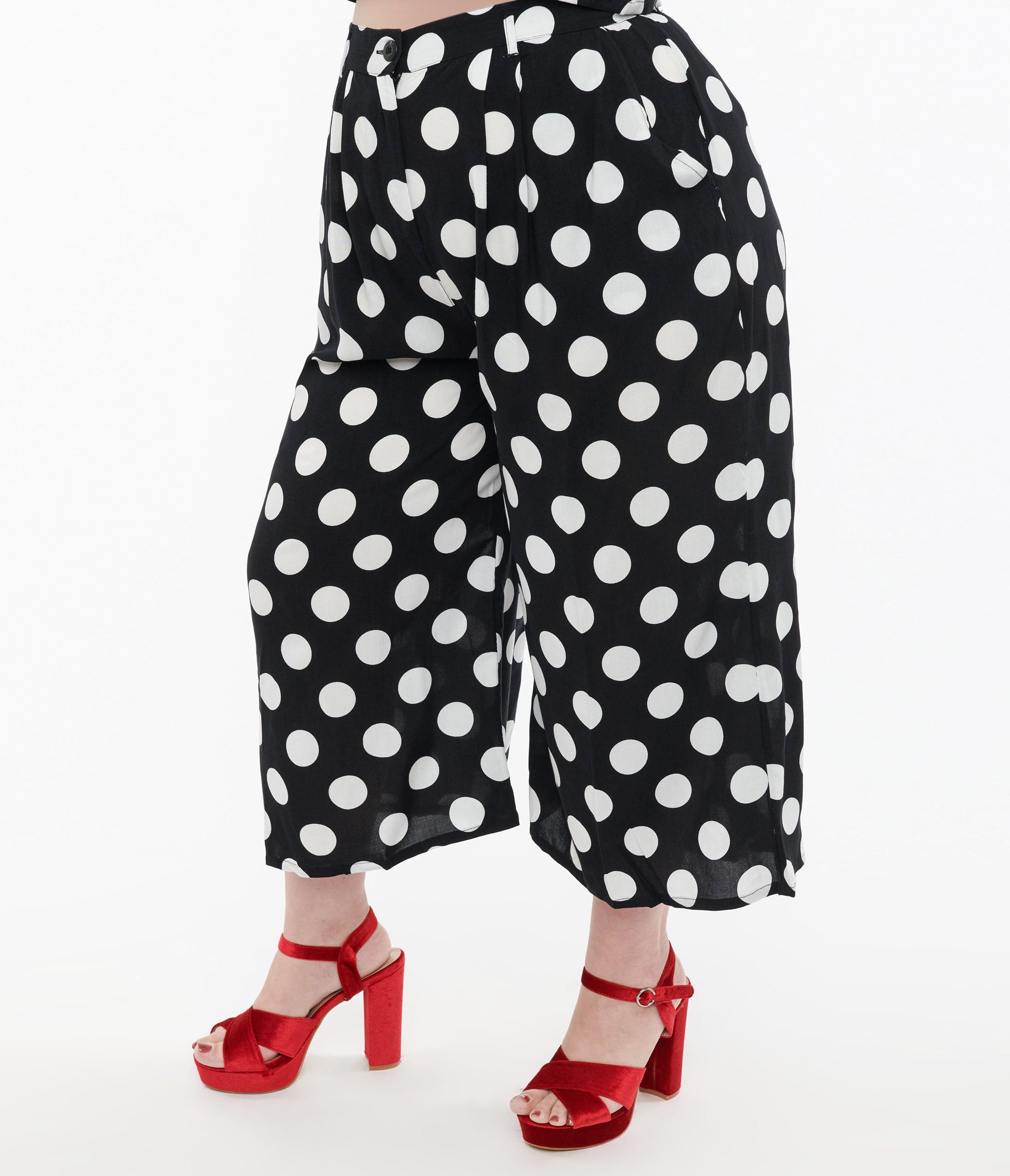 Hell Bunny Plus Size 1960s Black & White Polka Dot Cropped Trousers - Unique Vintage - Womens, BOTTOMS, PANTS