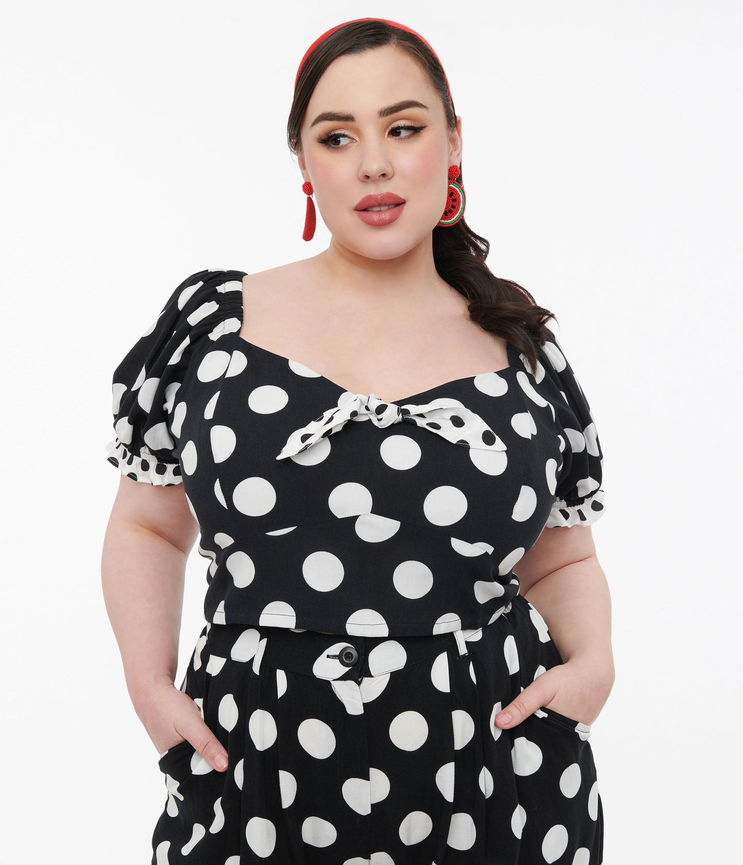 Hell Bunny Plus Size 1960s Black & White Polka Dot Dolores Crop Top - Unique Vintage - Womens, TOPS, WOVEN TOPS