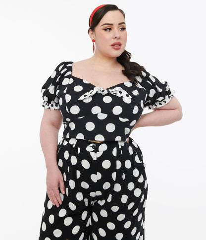 Hell Bunny Plus Size 1960s Black & White Polka Dot Dolores Crop Top - Unique Vintage - Womens, TOPS, WOVEN TOPS