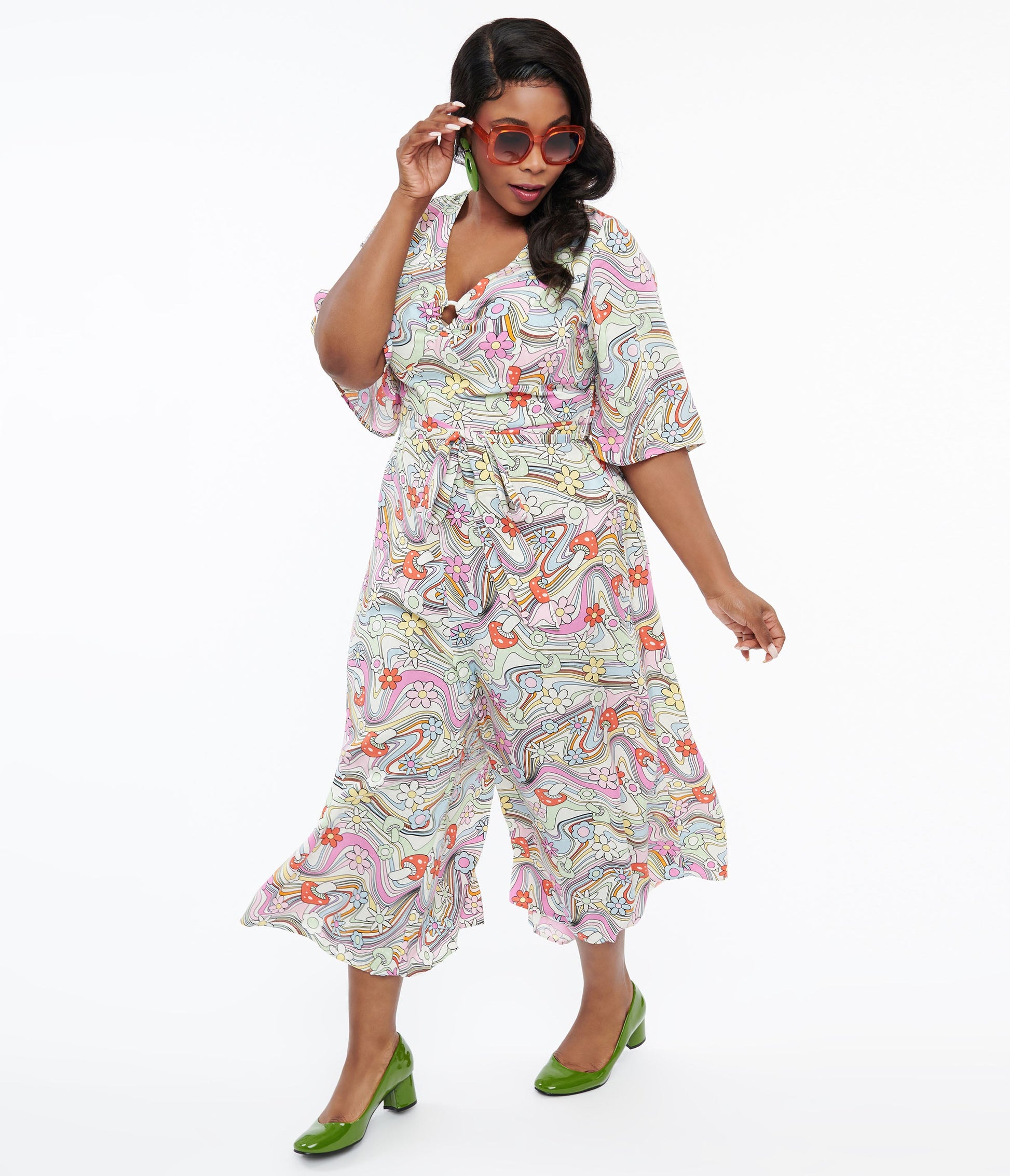 Hell Bunny Plus Size 1960s Pastel Rainbow Hazy Daze Floral Jumpsuit - Unique Vintage - Womens, BOTTOMS, ROMPERS AND JUMPSUITS