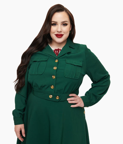 Hell Bunny Plus Size 1970s Forest Green Ravenswood Jacket - Unique Vintage - Womens, TOPS, OUTERWEAR