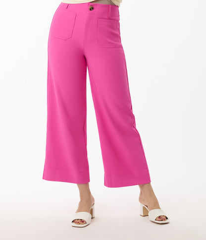 Hot Pink Cropped Wide Leg Colette Pants - Unique Vintage - Womens, BOTTOMS, PANTS