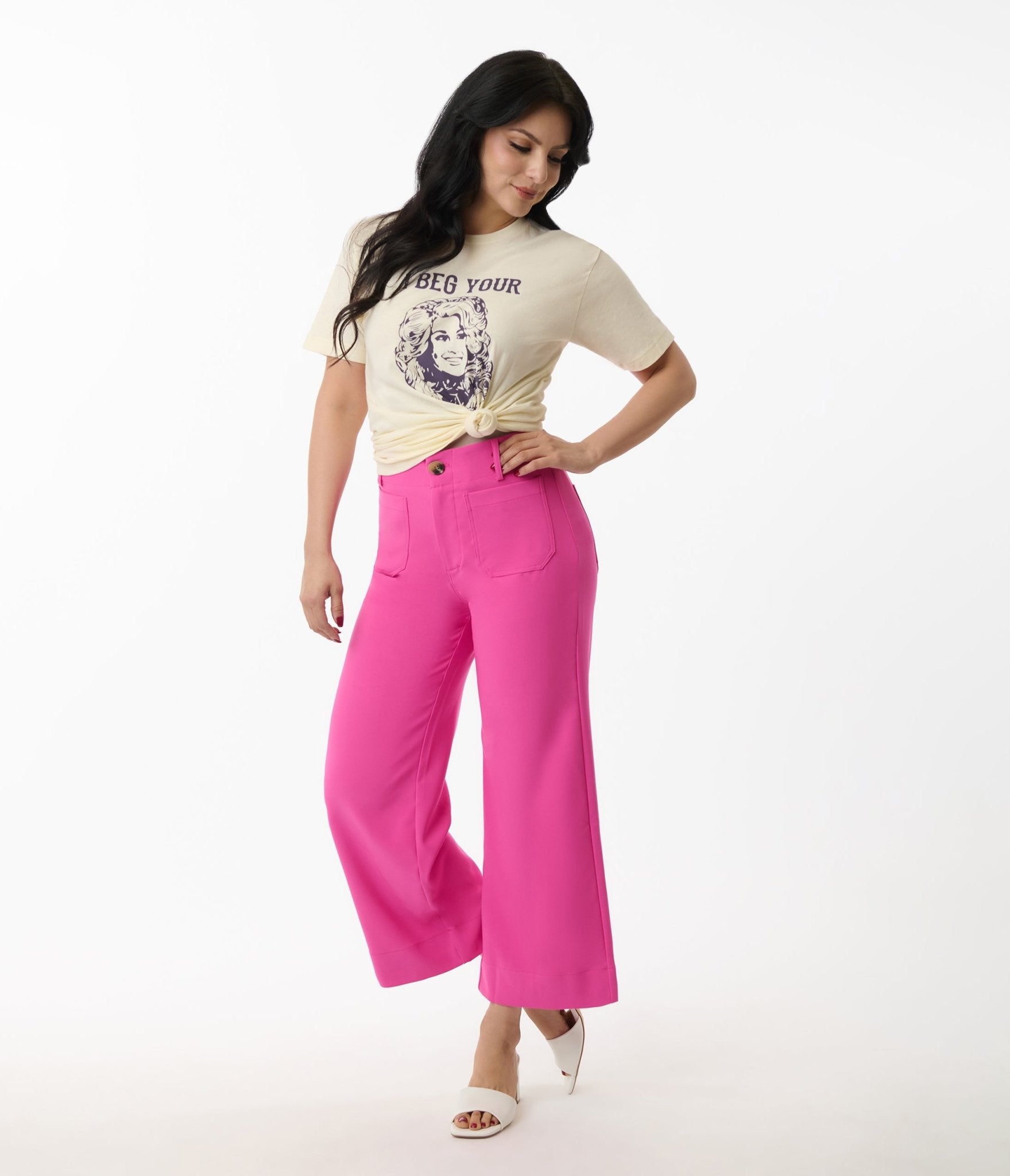 Hot Pink Cropped Wide Leg Colette Pants - Unique Vintage - Womens, BOTTOMS, PANTS