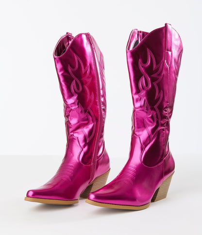 Hot Pink Patent Leatherette Cowboy Boots - Unique Vintage - Womens, SHOES, BOOTS