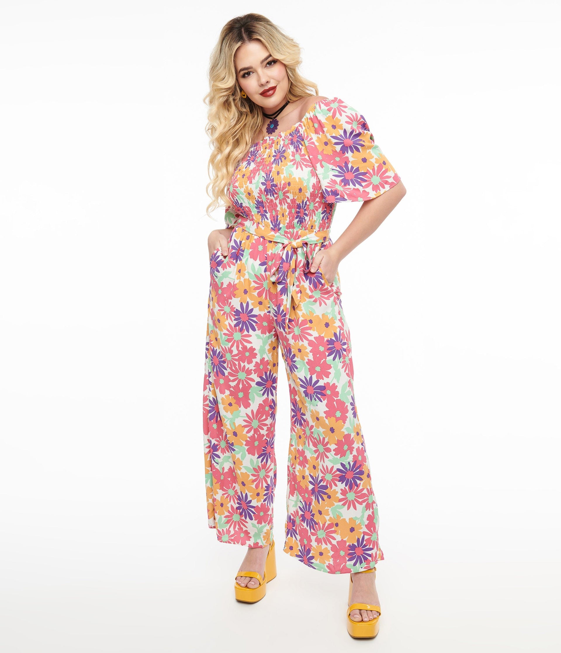 Hot Pink & Purple Floral Flutter Sleeve Jumpsuit - Unique Vintage - Womens, BOTTOMS, ROMPERS AND JUMPSUITS