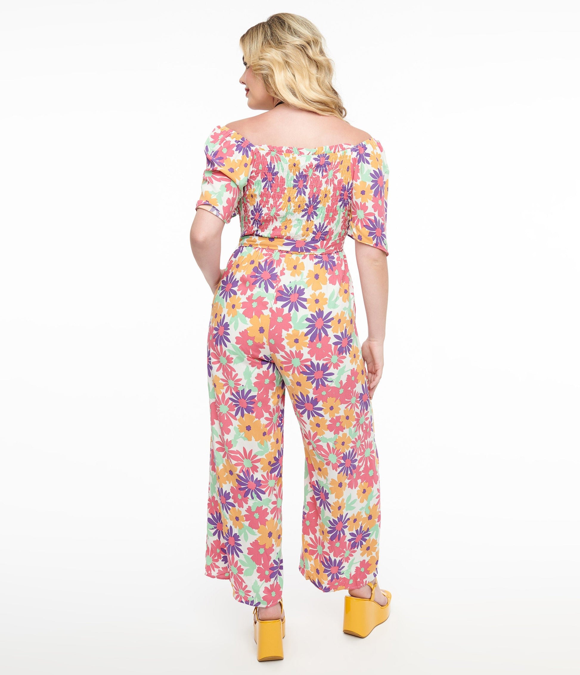 Hot Pink & Purple Floral Flutter Sleeve Jumpsuit - Unique Vintage - Womens, BOTTOMS, ROMPERS AND JUMPSUITS