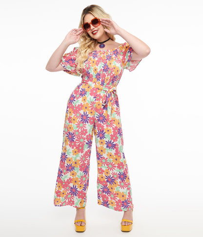 Hot Pink & Purple Floral Flutter Sleeve Jumpsuit - Unique Vintage - Womens, BOTTOMS, ROMPERS AND JUMPSUITS