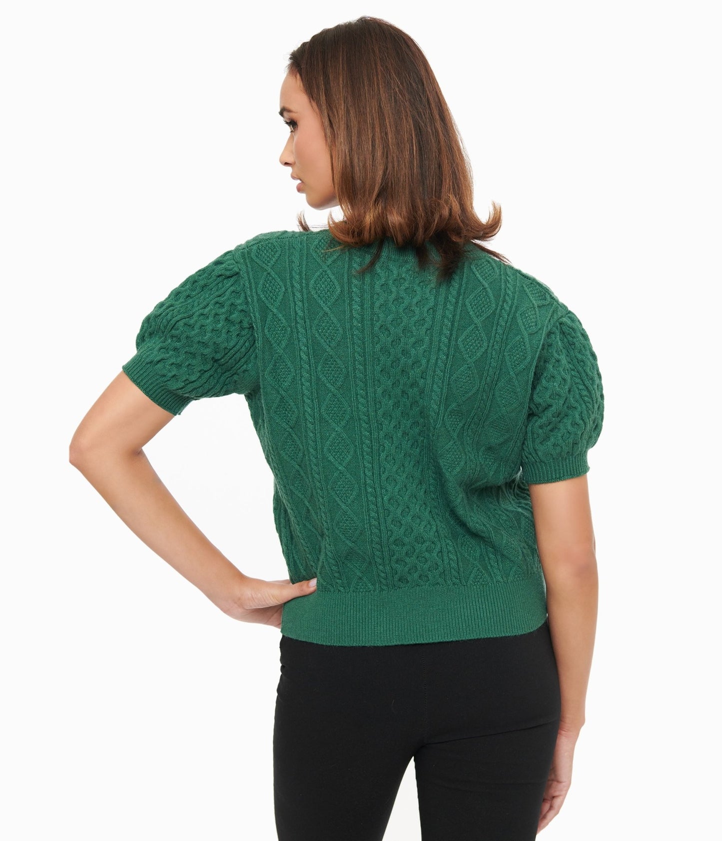 Hunter Green Cable Knit Short Sleeve Sweater - Unique Vintage - Womens, TOPS, KNIT TOPS