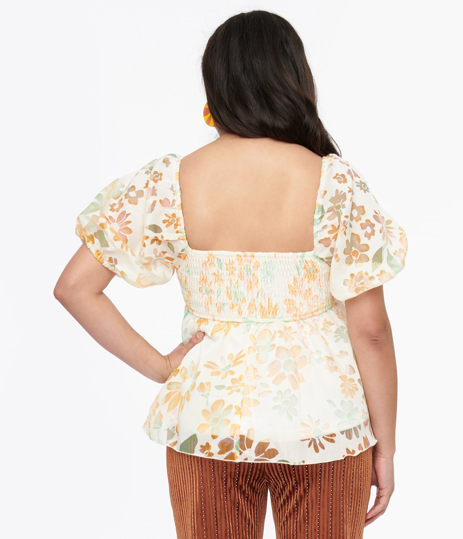 Ivory & Tangerine Floral Babydoll Blouse - Unique Vintage - Womens, TOPS, WOVEN TOPS