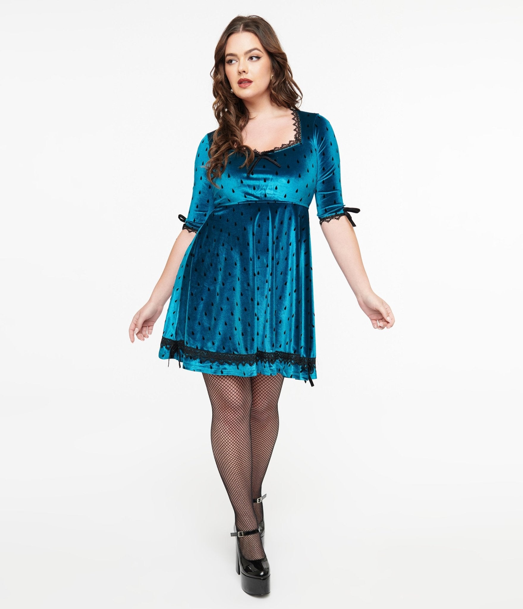 Jawbreaker Teal & Black Teardrop Velvet Mini Dress - Unique Vintage - Womens, DRESSES, FIT AND FLARE