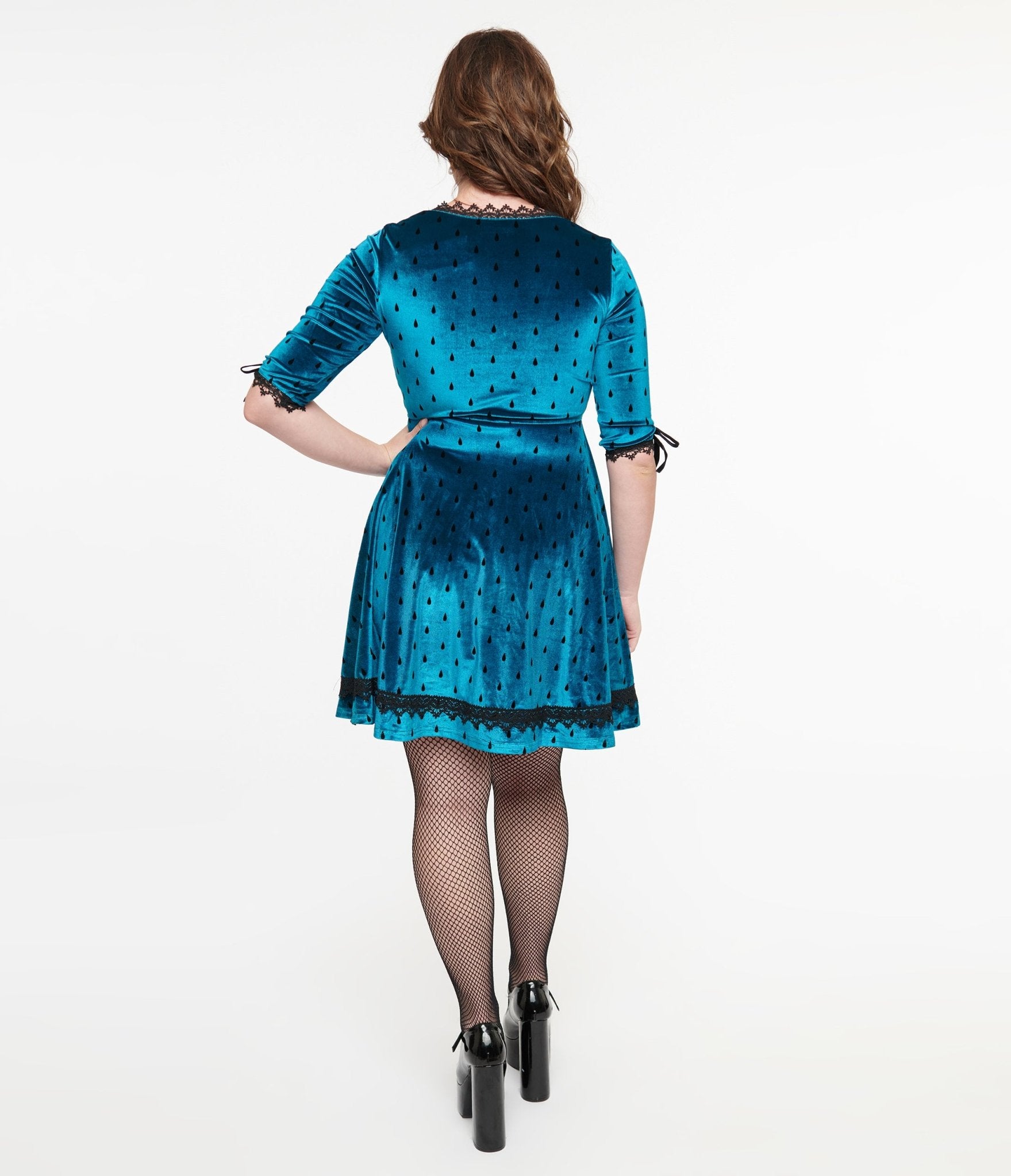 Jawbreaker Teal & Black Teardrop Velvet Mini Dress - Unique Vintage - Womens, DRESSES, FIT AND FLARE