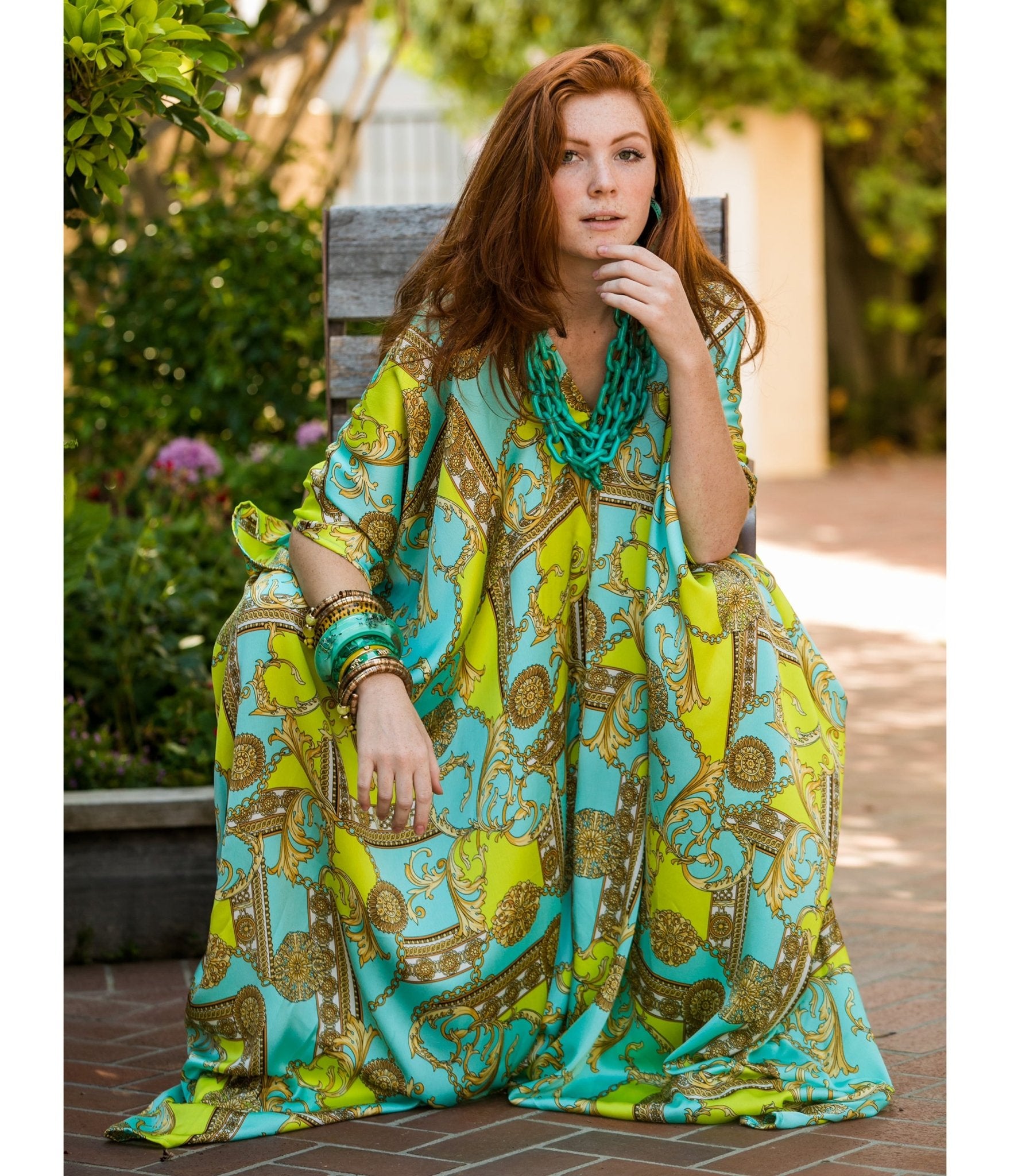 Jennafer Grace Blue & Green Boho Print Caftan Dress - Unique Vintage - Womens, DRESSES, CAFTAN