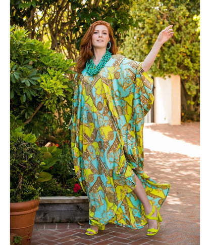 Jennafer Grace Blue & Green Boho Print Caftan Dress - Unique Vintage - Womens, DRESSES, CAFTAN