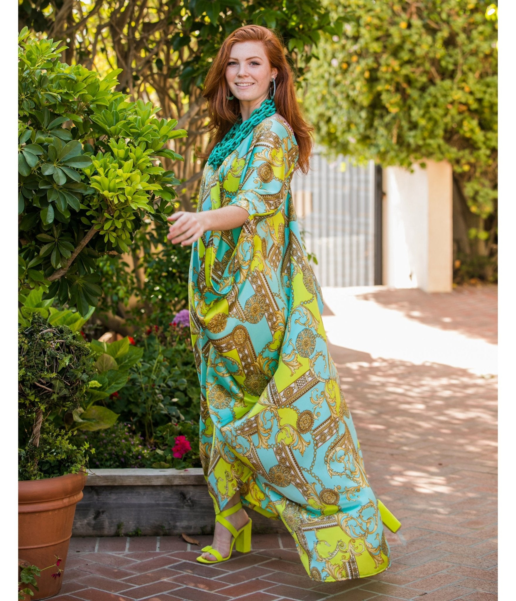 Jennafer Grace Blue & Green Boho Print Caftan Dress - Unique Vintage - Womens, DRESSES, CAFTAN