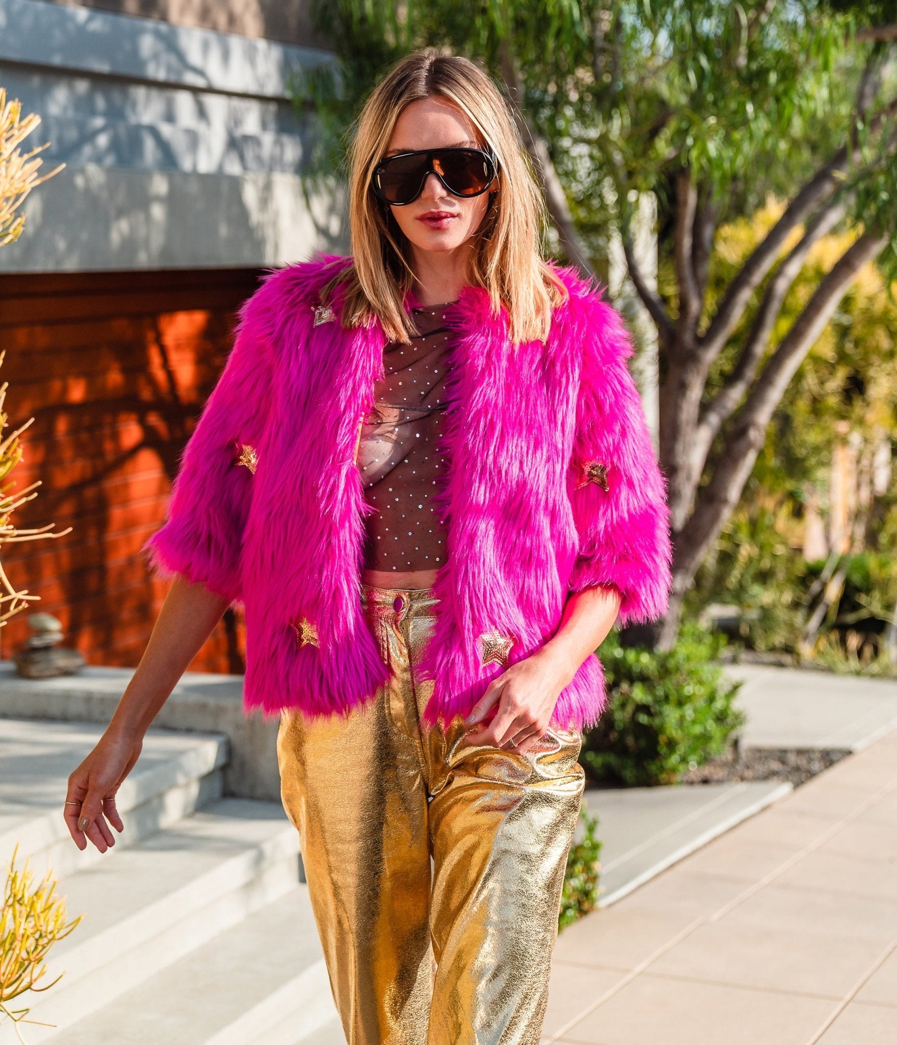 Jennafer Grace Hot Pink Planet Queen Faux Fur Jacket - Unique Vintage - Womens, DRESSES, FIT AND FLARE