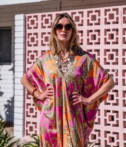 Jennafer Grace Pink & Orange Voglia Rosa Print Caftan Dress - Unique Vintage - Womens, DRESSES, CAFTAN