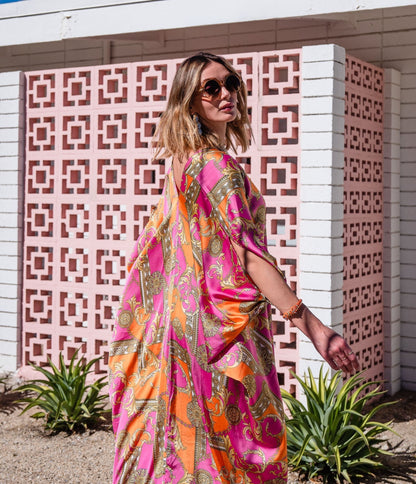 Jennafer Grace Pink & Orange Voglia Rosa Print Caftan Dress - Unique Vintage - Womens, DRESSES, CAFTAN