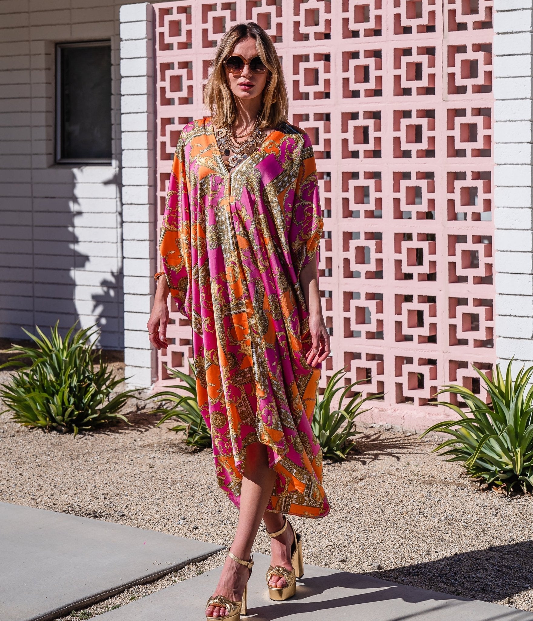 Jennafer Grace Pink & Orange Voglia Rosa Print Caftan Dress - Unique Vintage - Womens, DRESSES, CAFTAN