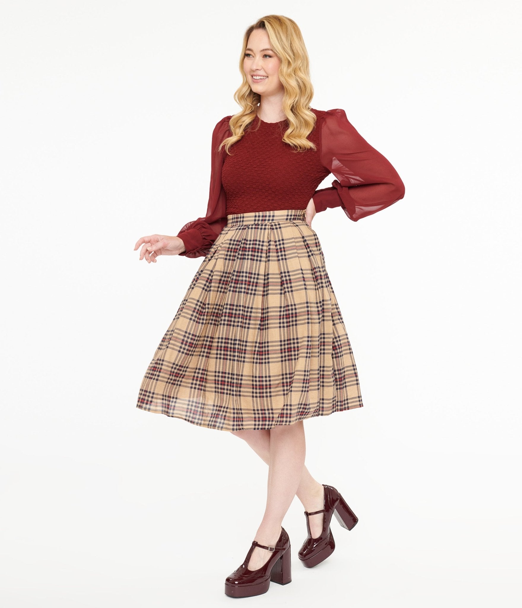 Khaki Plaid Fit & Flare Cotton Skirt - Unique Vintage - Womens, BOTTOMS, SKIRTS