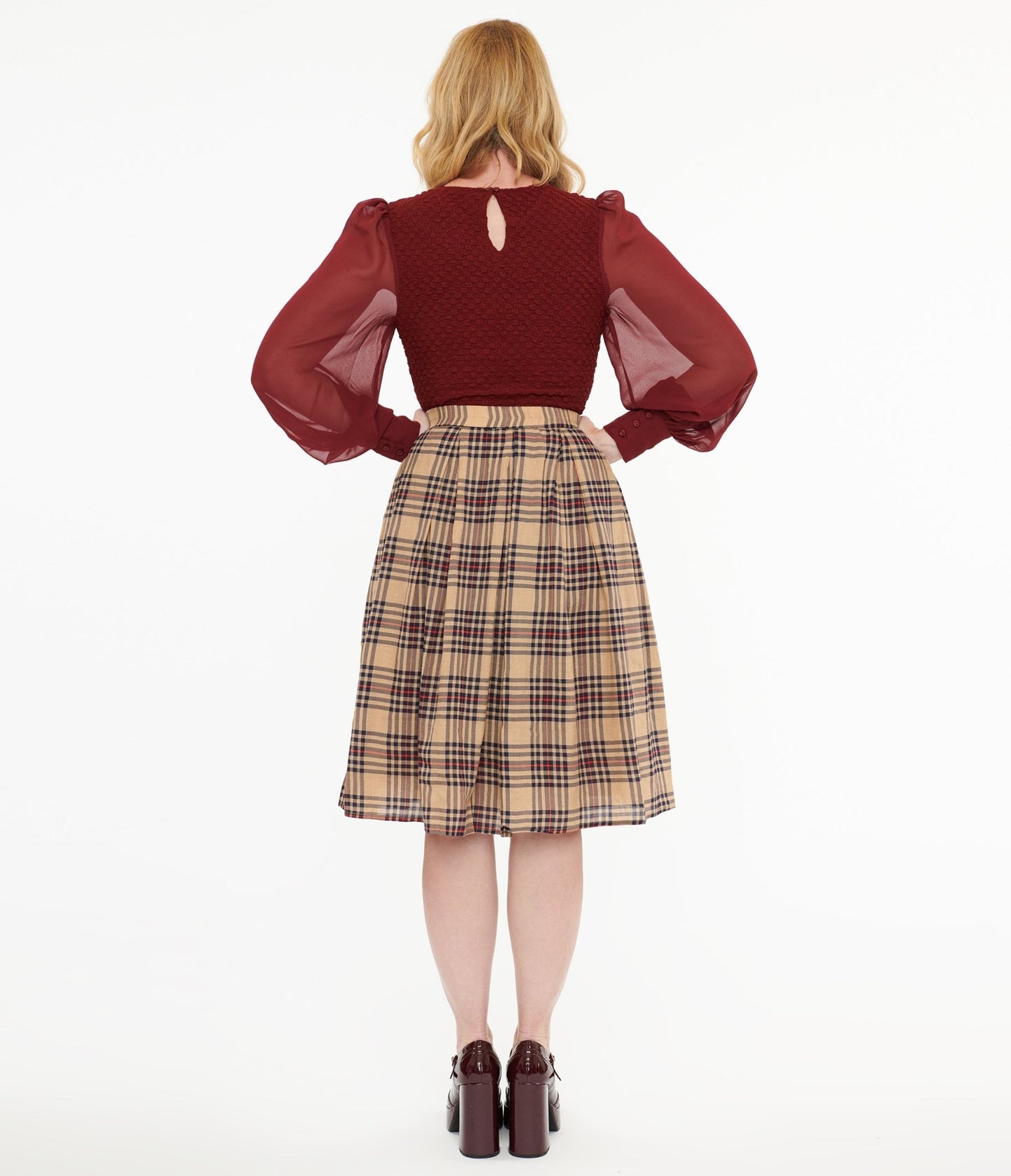 Khaki Plaid Fit & Flare Cotton Skirt - Unique Vintage - Womens, BOTTOMS, SKIRTS