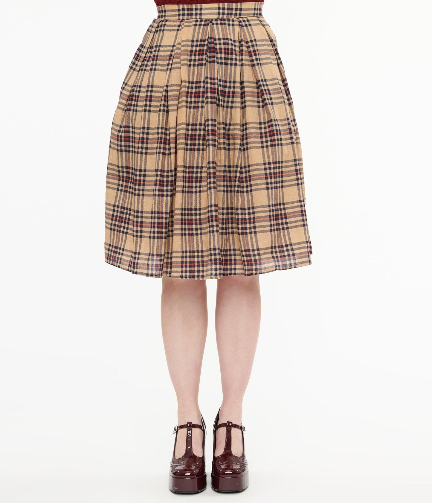 Khaki Plaid Fit & Flare Cotton Skirt - Unique Vintage - Womens, BOTTOMS, SKIRTS