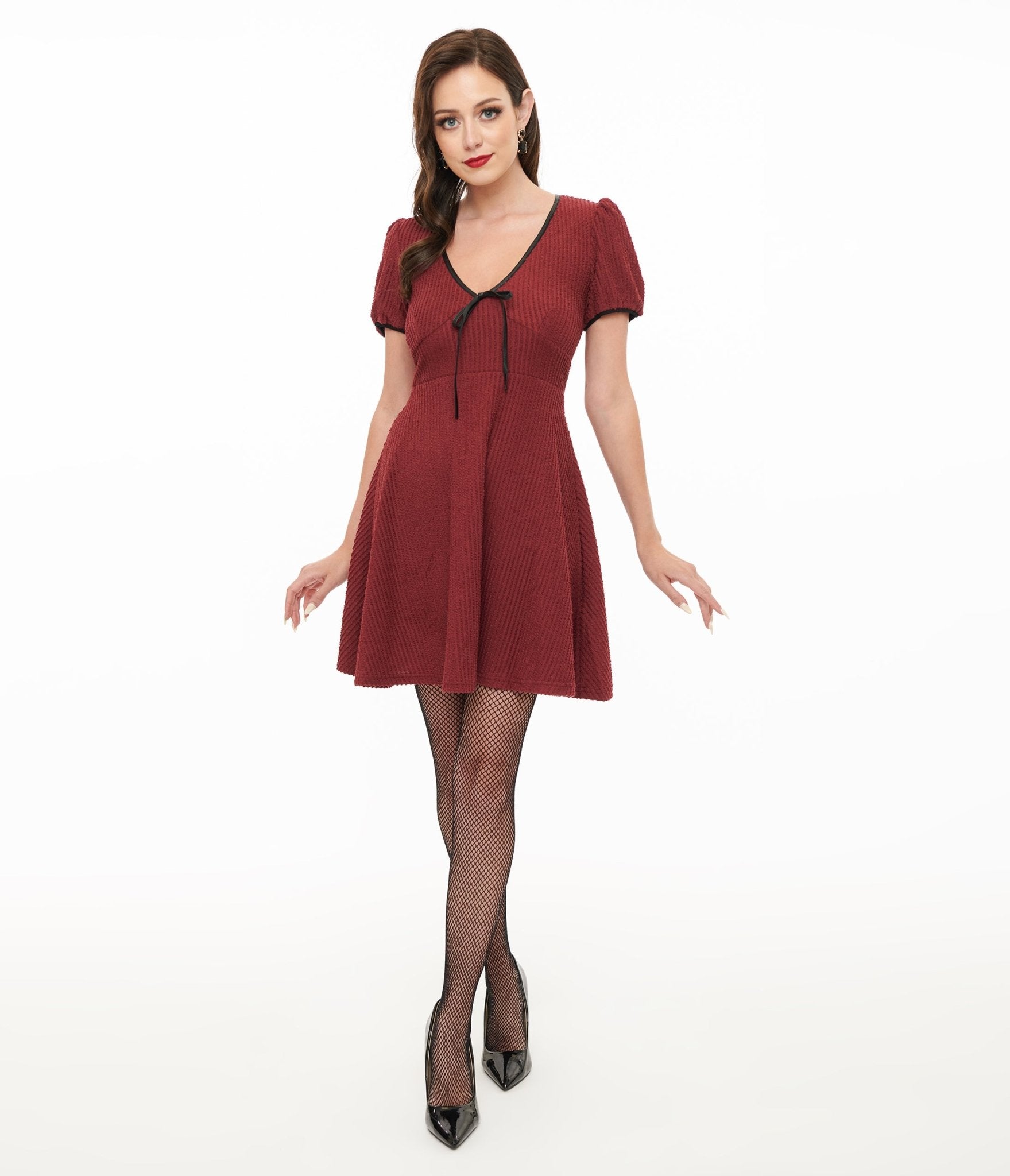 Killstar Burgundy Ribbed Chaseleigh Mini Dress - Unique Vintage - Womens, DRESSES, FIT AND FLARE