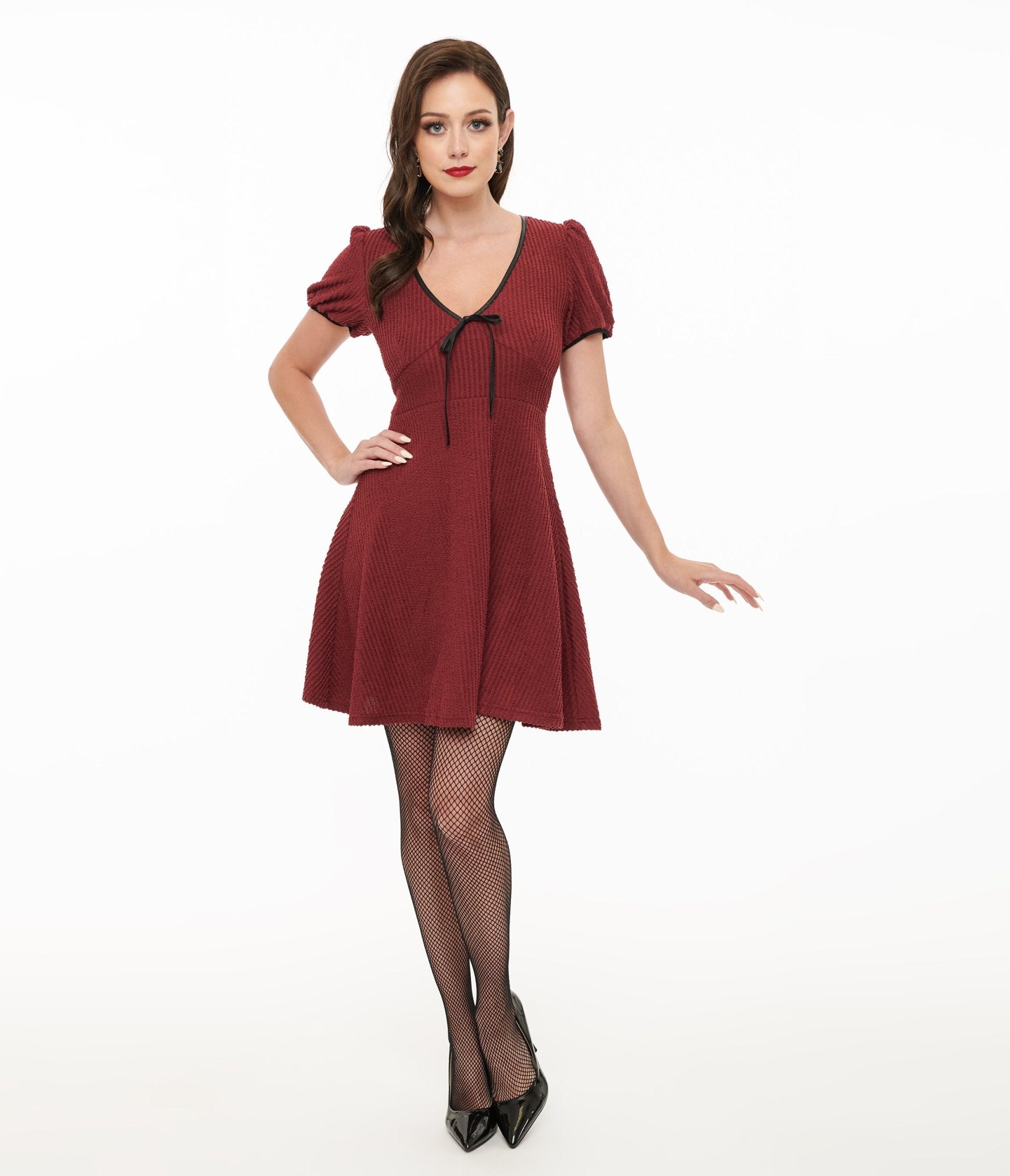 Killstar Burgundy Ribbed Chaseleigh Mini Dress - Unique Vintage - Womens, DRESSES, FIT AND FLARE