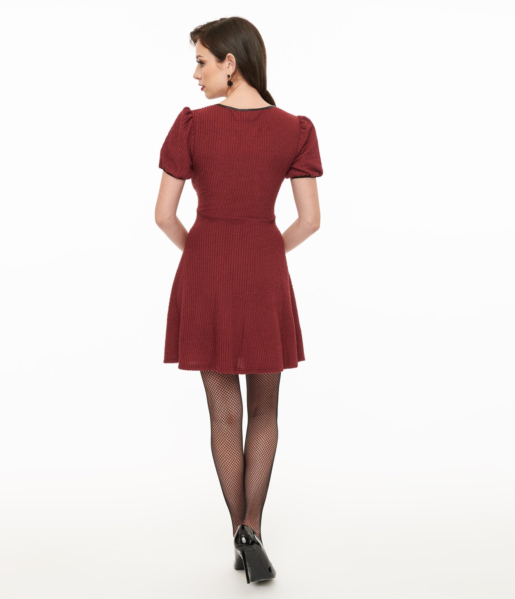 Killstar Burgundy Ribbed Chaseleigh Mini Dress - Unique Vintage - Womens, DRESSES, FIT AND FLARE