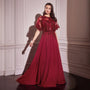 Ladivine by Cinderella Divine Burgundy Sleeveless Beaded Capelet A-line Gown