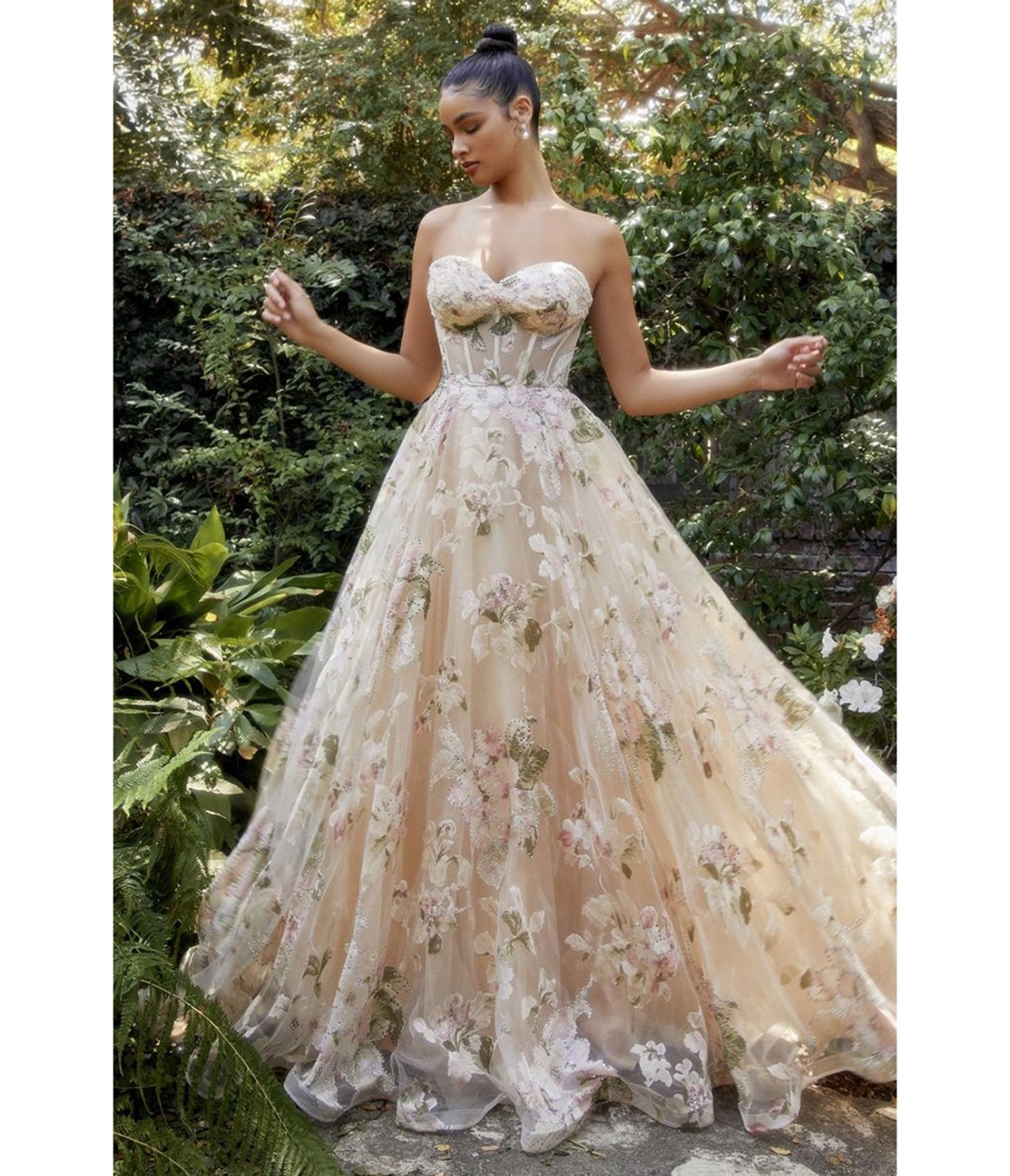 Ladivine by Cinderella Divine Cream & Magnolia Floral Strapless Prom Gown - Unique Vintage - Womens, DRESSES, PROM