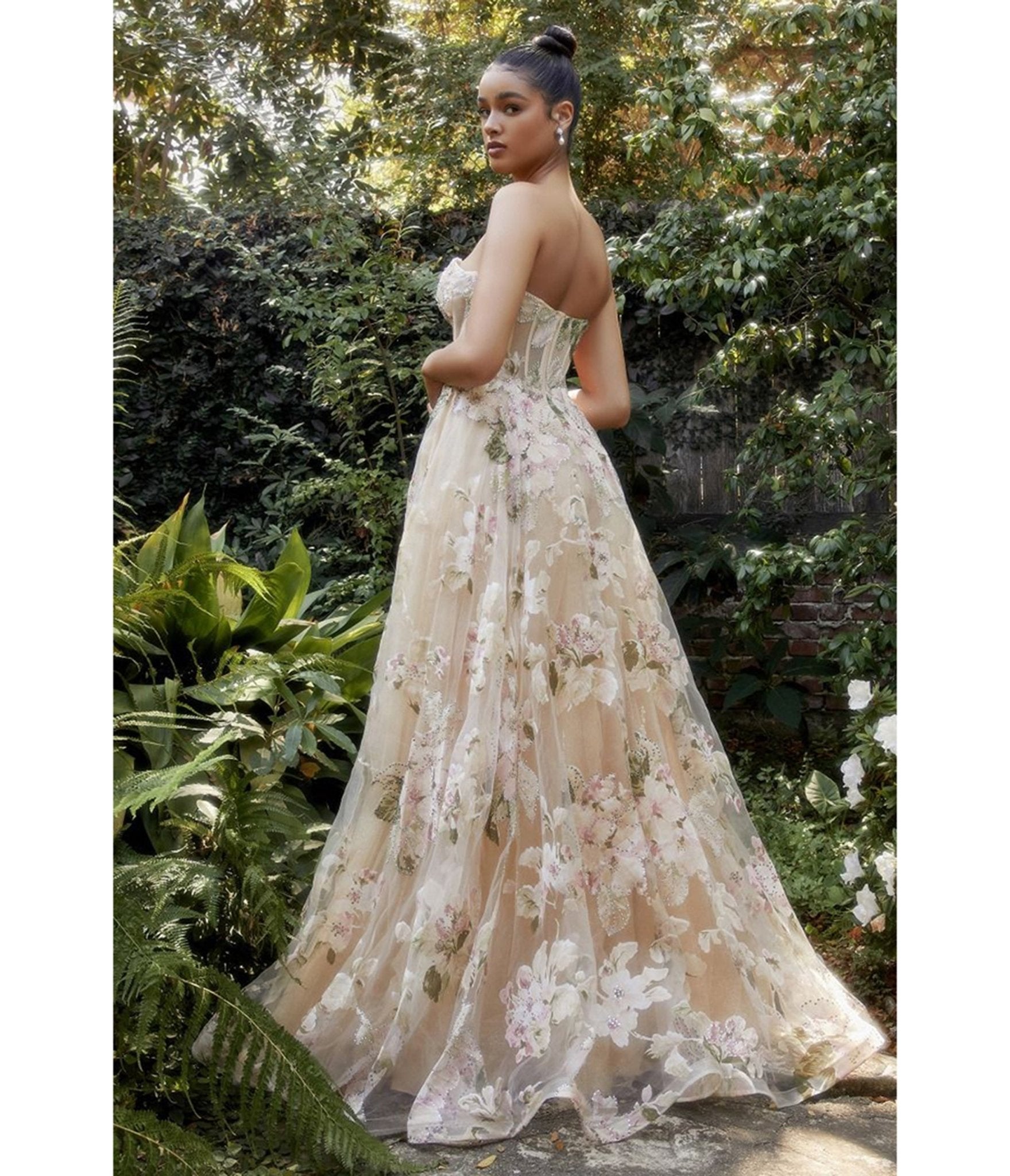 Ladivine by Cinderella Divine Cream & Magnolia Floral Strapless Prom Gown - Unique Vintage - Womens, DRESSES, PROM