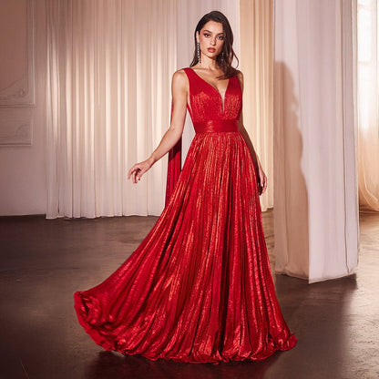 Ladivine by Cinderella Divine Metallic Red Pleated A - Line Prom Gown - Unique Vintage - Womens