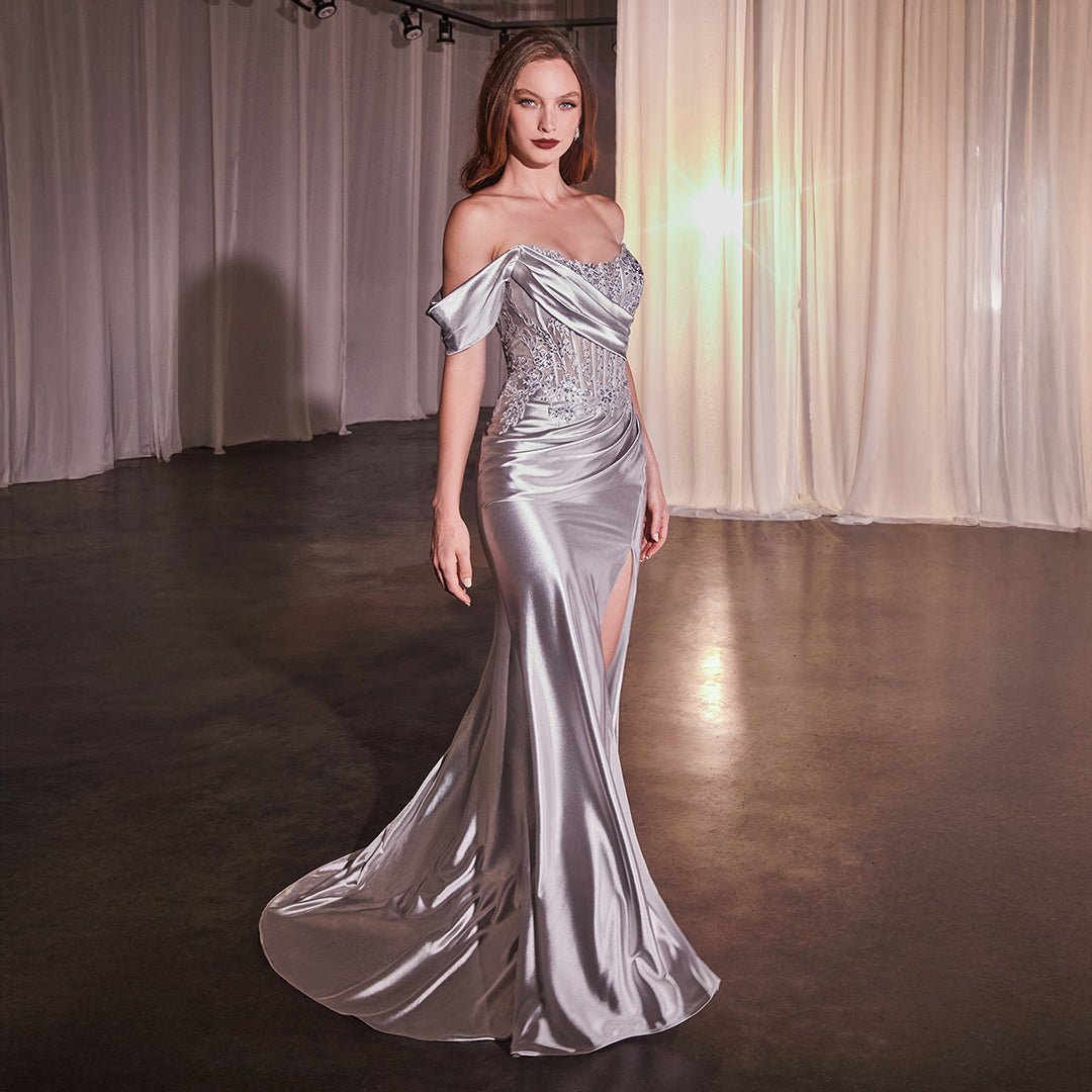 Ladivine by Cinderella Divine Silver One Off Shoulder Satin Prom Gown - Unique Vintage -  DRESSES, PROM & SPECIAL OCCASION