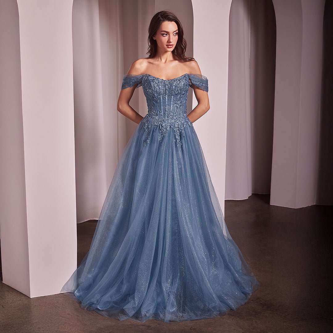 Ladivine by Cinderella Divine Smoky Blue Off The Shoulder Prom Gown - Unique Vintage - Womens