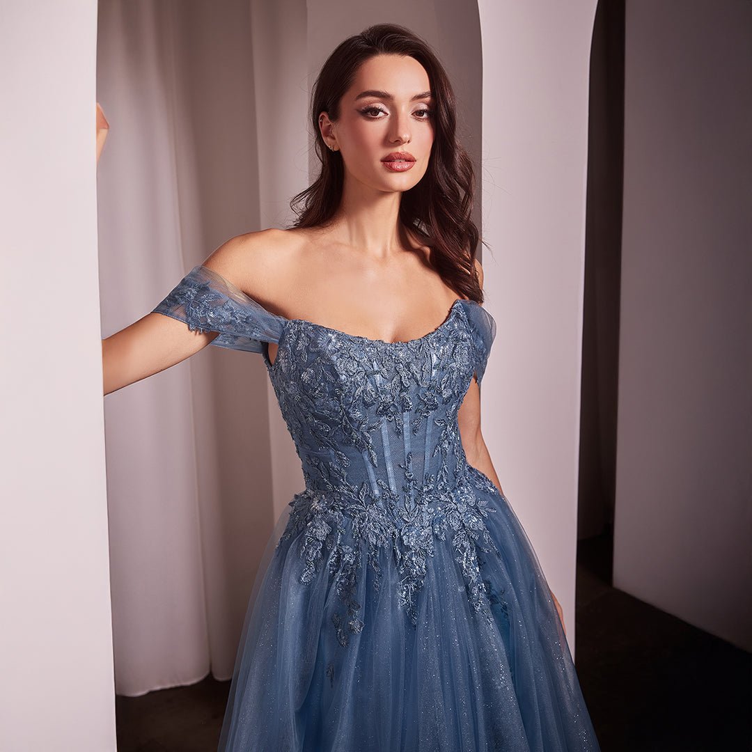 Ladivine by Cinderella Divine Smoky Blue Off The Shoulder Prom Gown - Unique Vintage - Womens