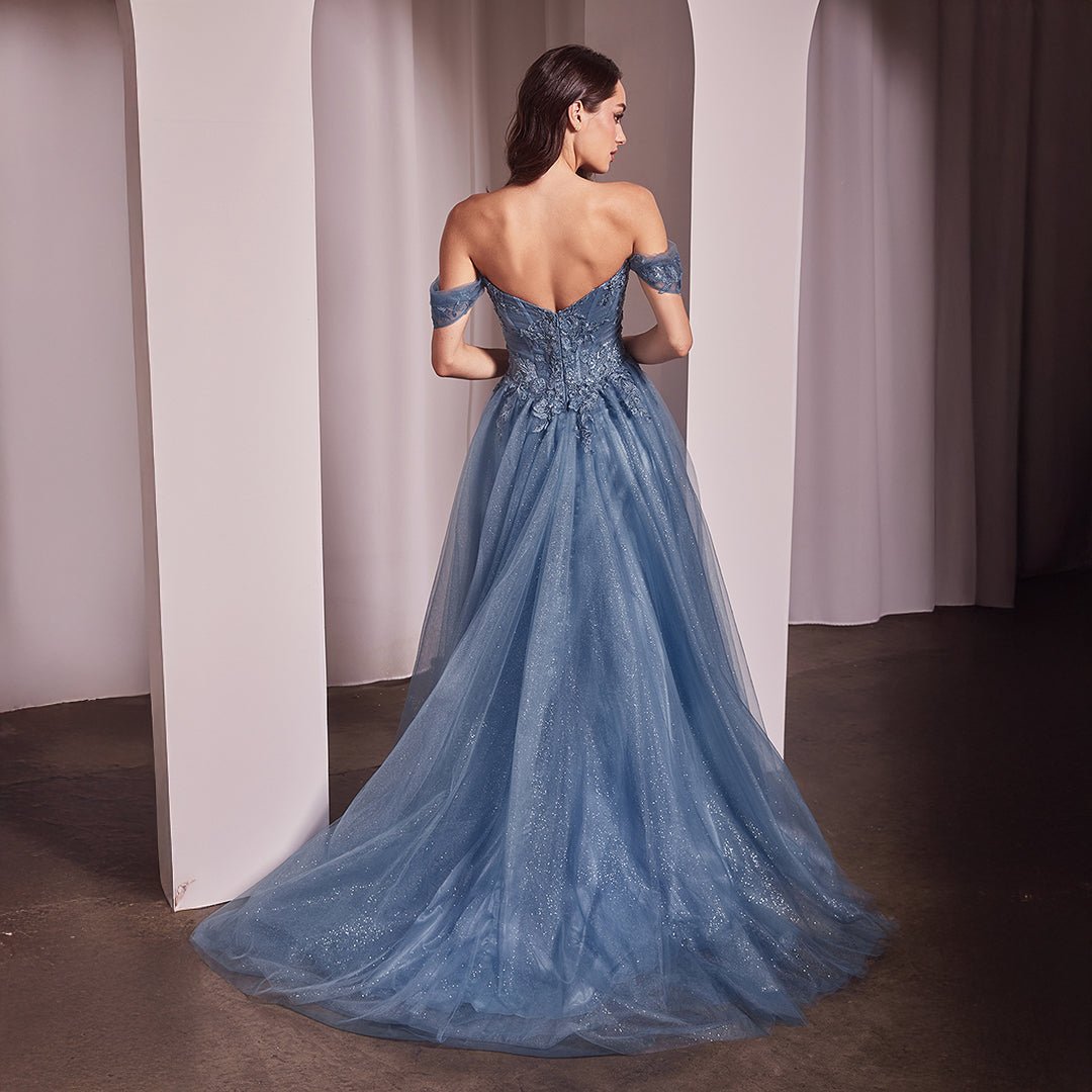 Ladivine by Cinderella Divine Smoky Blue Off The Shoulder Prom Gown - Unique Vintage - Womens