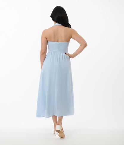 Light Blue Halter A - Line Midi Dress - Unique Vintage - Womens, DRESSES, MIDI