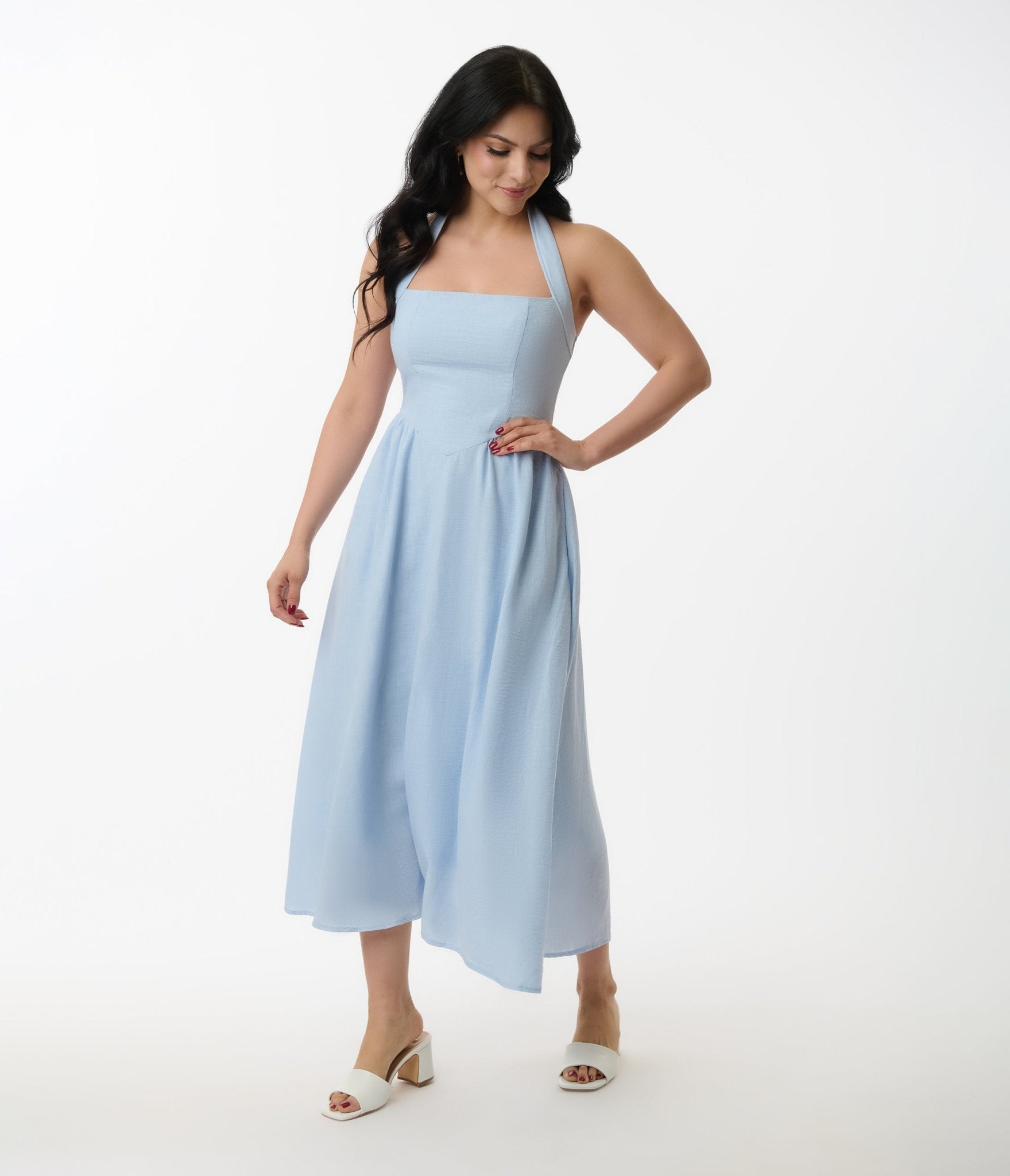 Light Blue Halter A - Line Midi Dress - Unique Vintage - Womens, DRESSES, MIDI